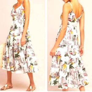 Anthropologie Cityscape Watercolor Structures White Midi Lined Dress Size Large